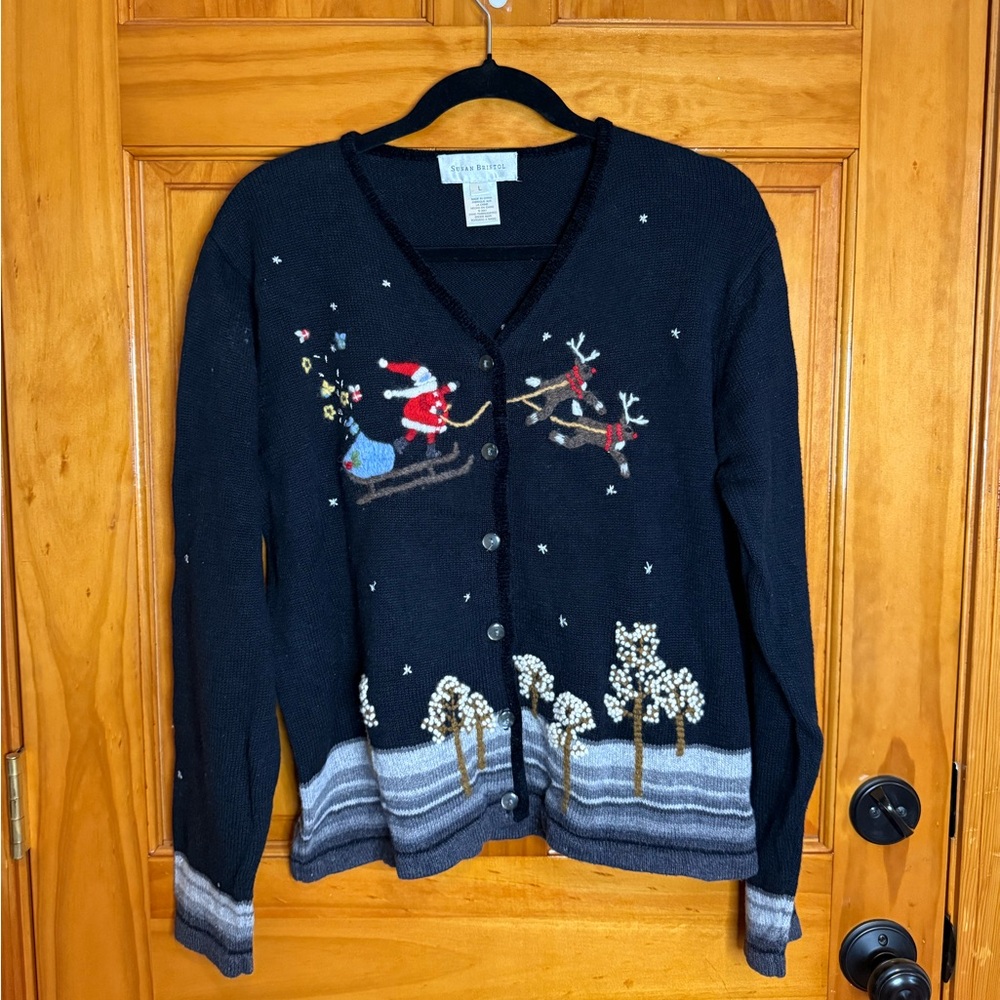 Susan Bristol Y2K Vintage Embroidered Christmas Holiday Cardigan Sweater Large - Picture 1 of 8